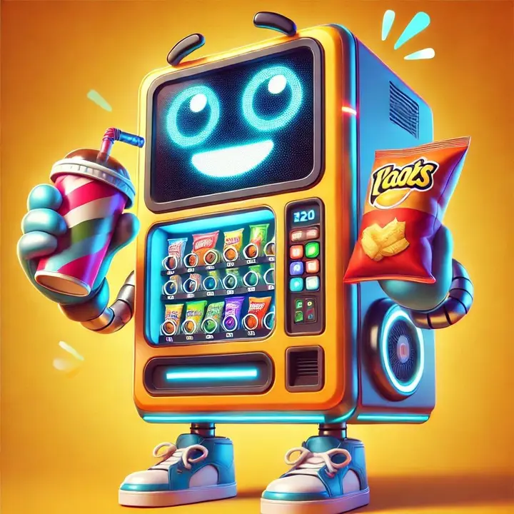 Mascota de Paseo Vending con su vitrina llena de snacks